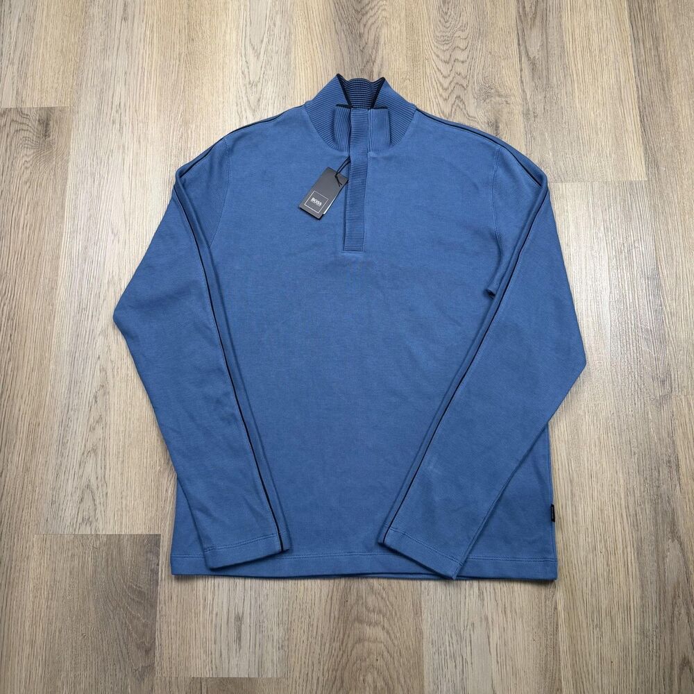 Hugo Boss Sweater Mens Large Blue Mock Neck Lightweight Knit Pullover Casual